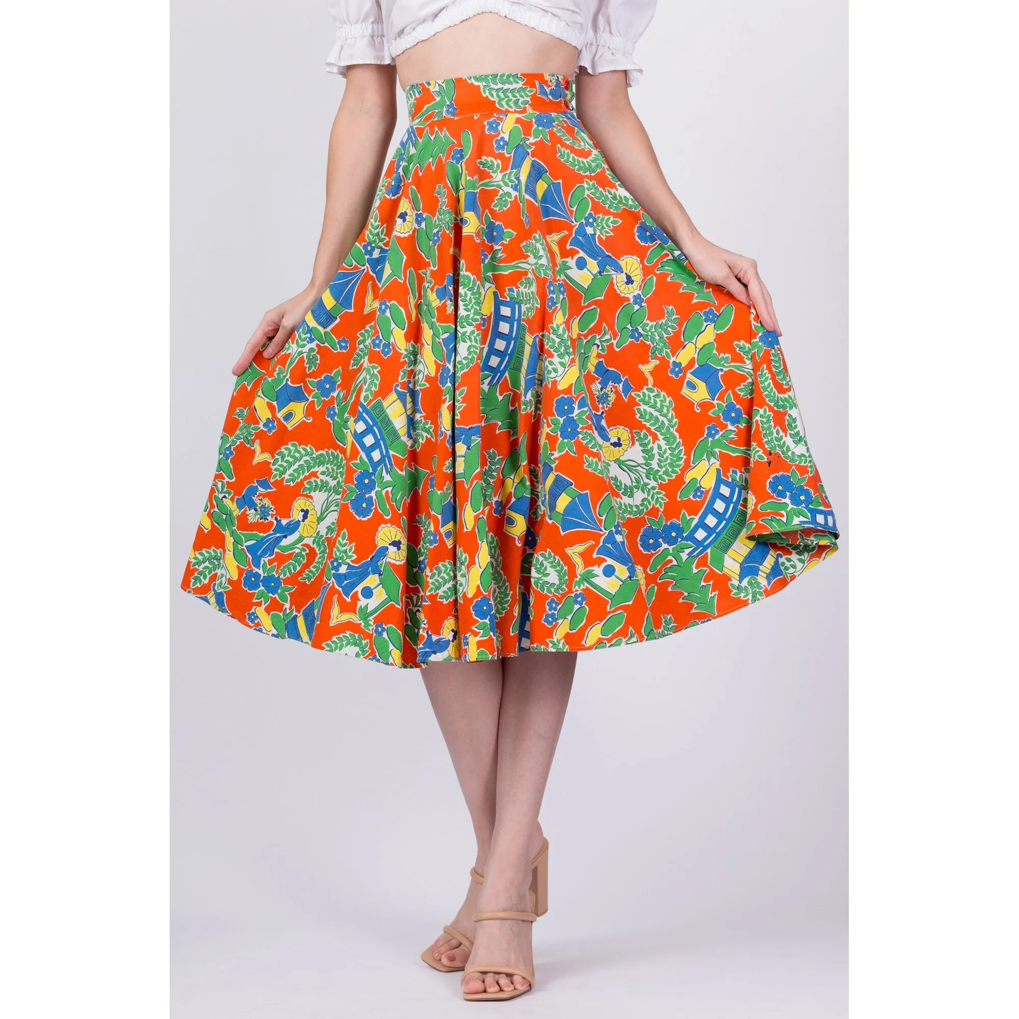 60s Chinese Novelty Print Skirt - Extra Small, 23.5"