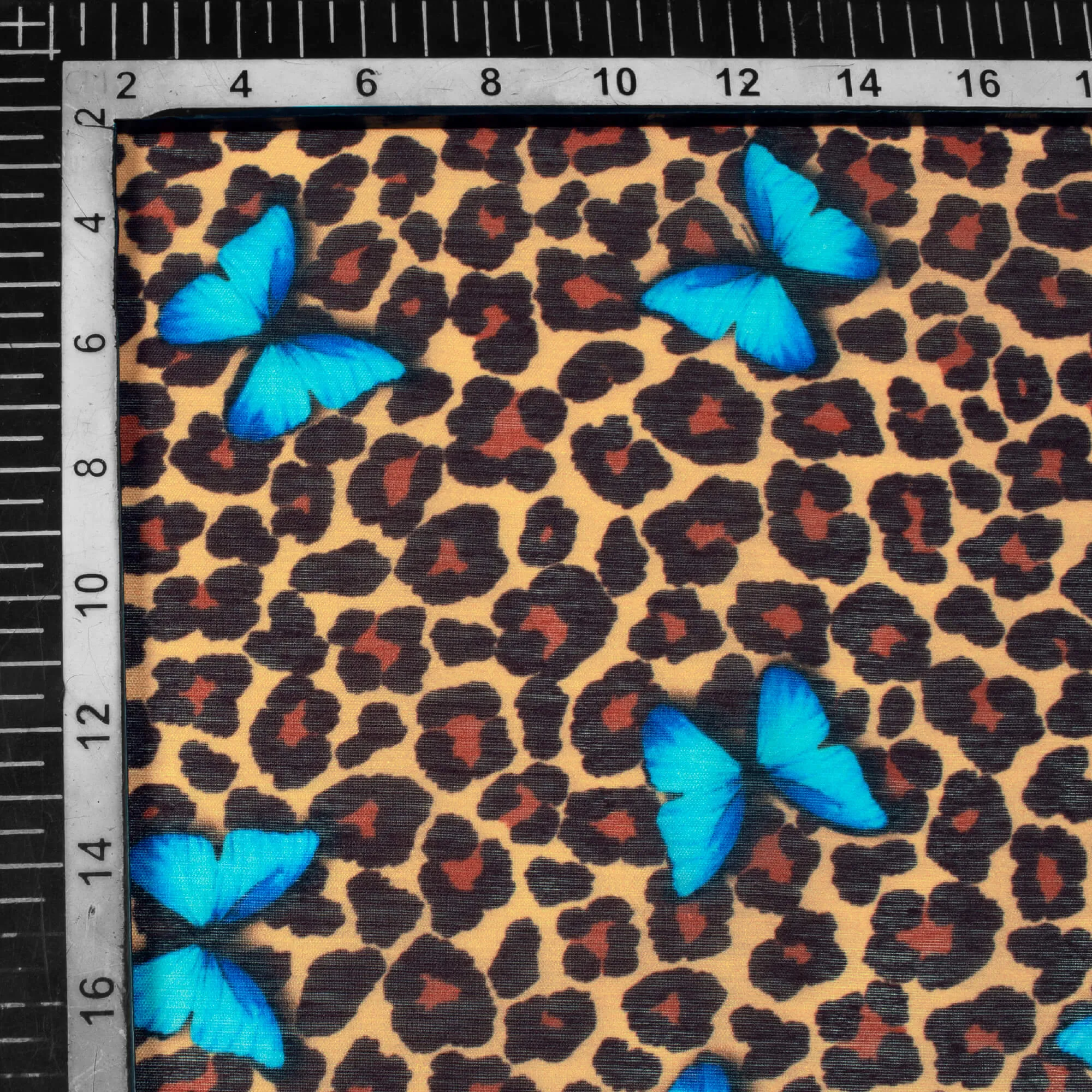Beige And Sky Blue Butterfly Pattern Digital Print Chanderi Fabric