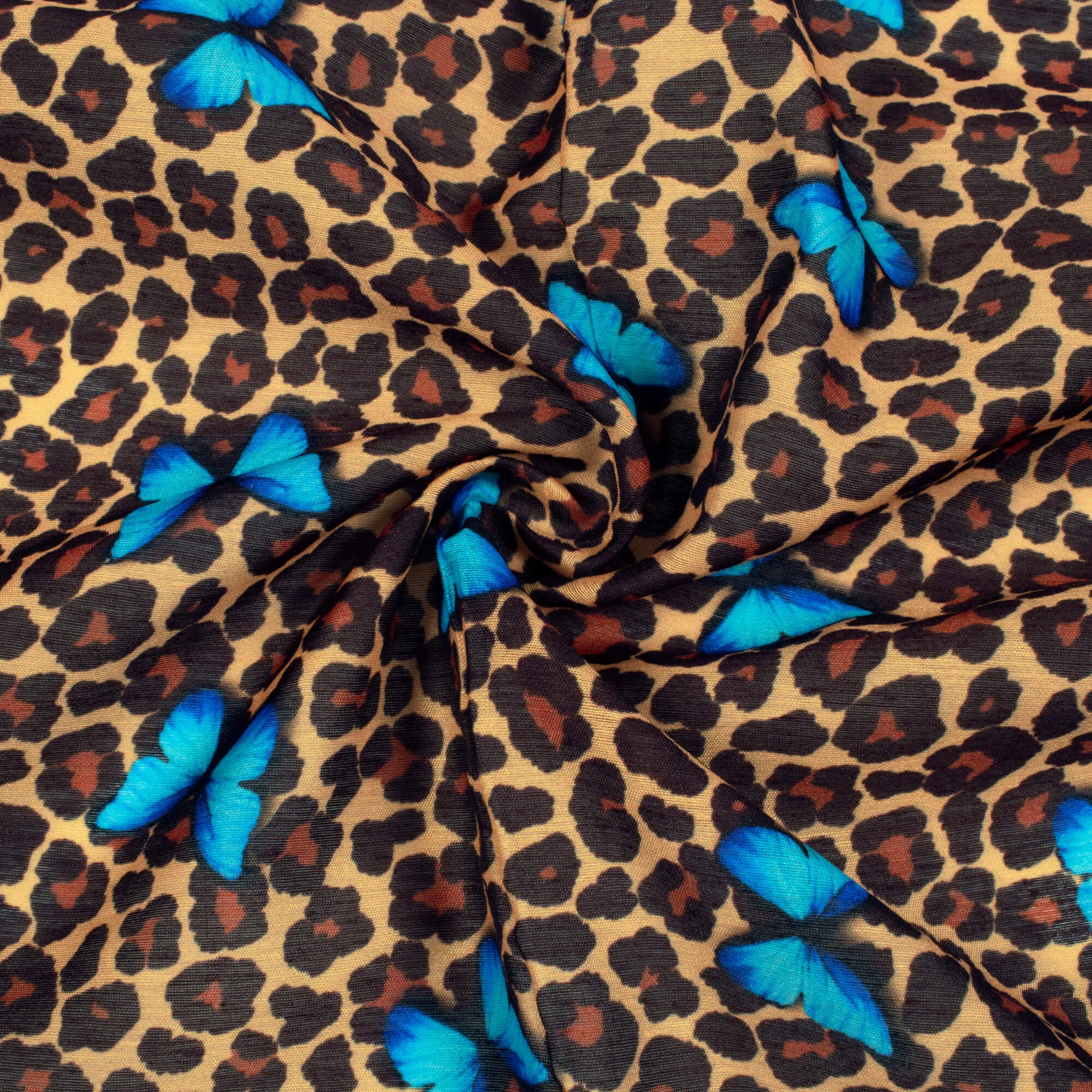 Beige And Sky Blue Butterfly Pattern Digital Print Chanderi Fabric