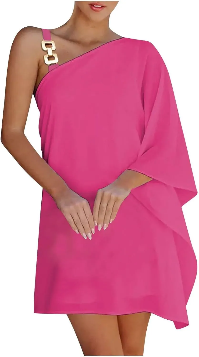 Bohemian Dress for Women, Women Casual Fashion Loose Printed One Shoulder Doll Sleeve Dress