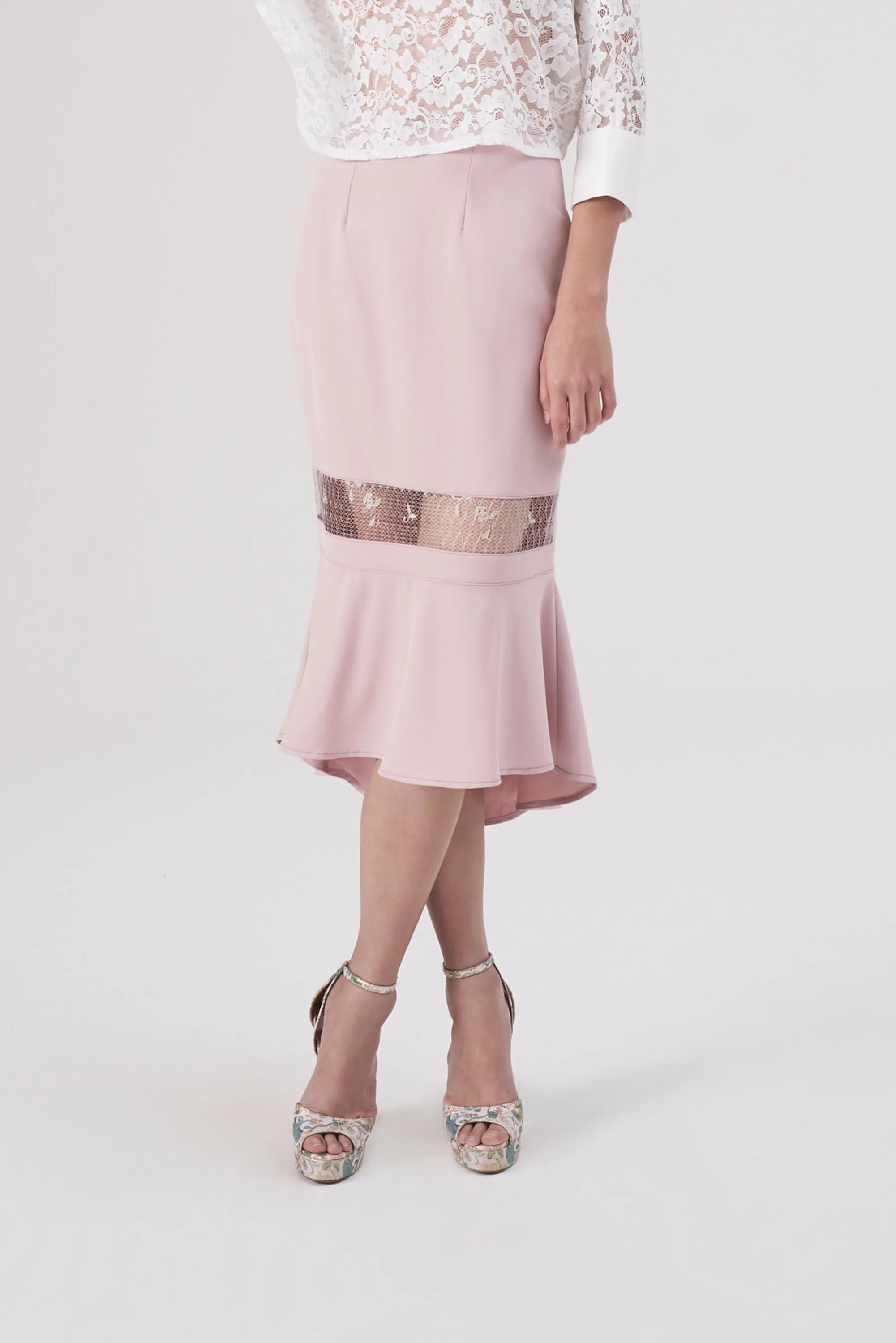 Chloe skirt with see through panel in blush
