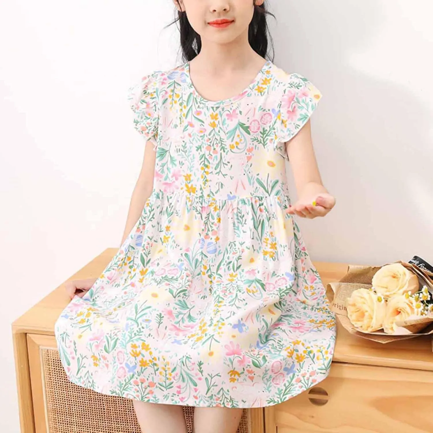 Girls Casual Dress Summer Floral Printed Ruffle Sleeve A Line Party Dress Round Neck Boho Dresses Size 3-14 Years