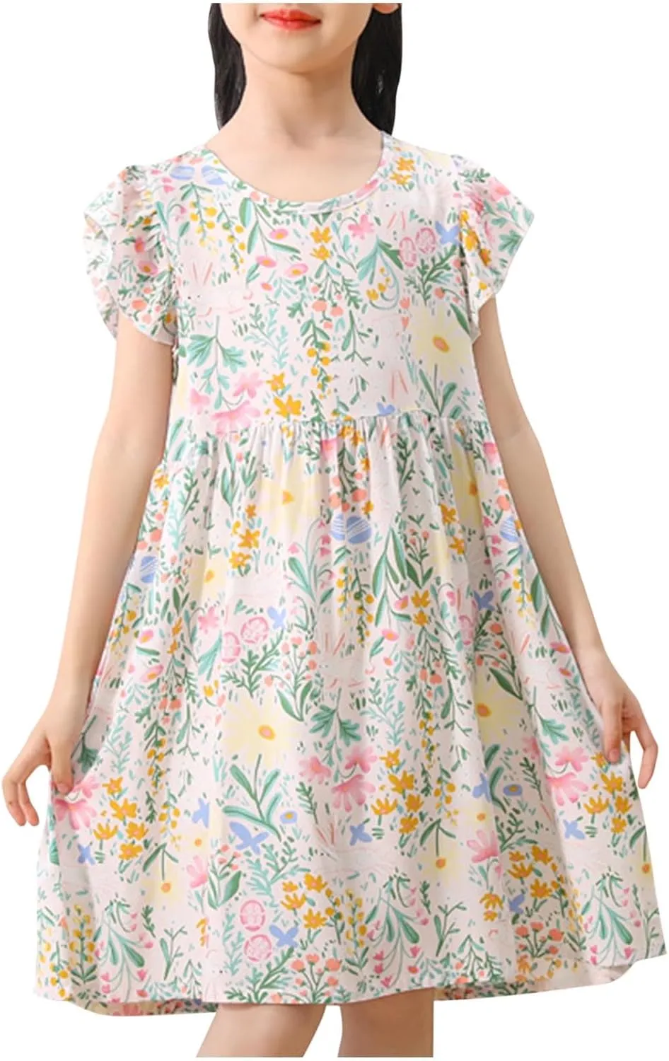 Girls Casual Dress Summer Floral Printed Ruffle Sleeve A Line Party Dress Round Neck Boho Dresses Size 3-14 Years