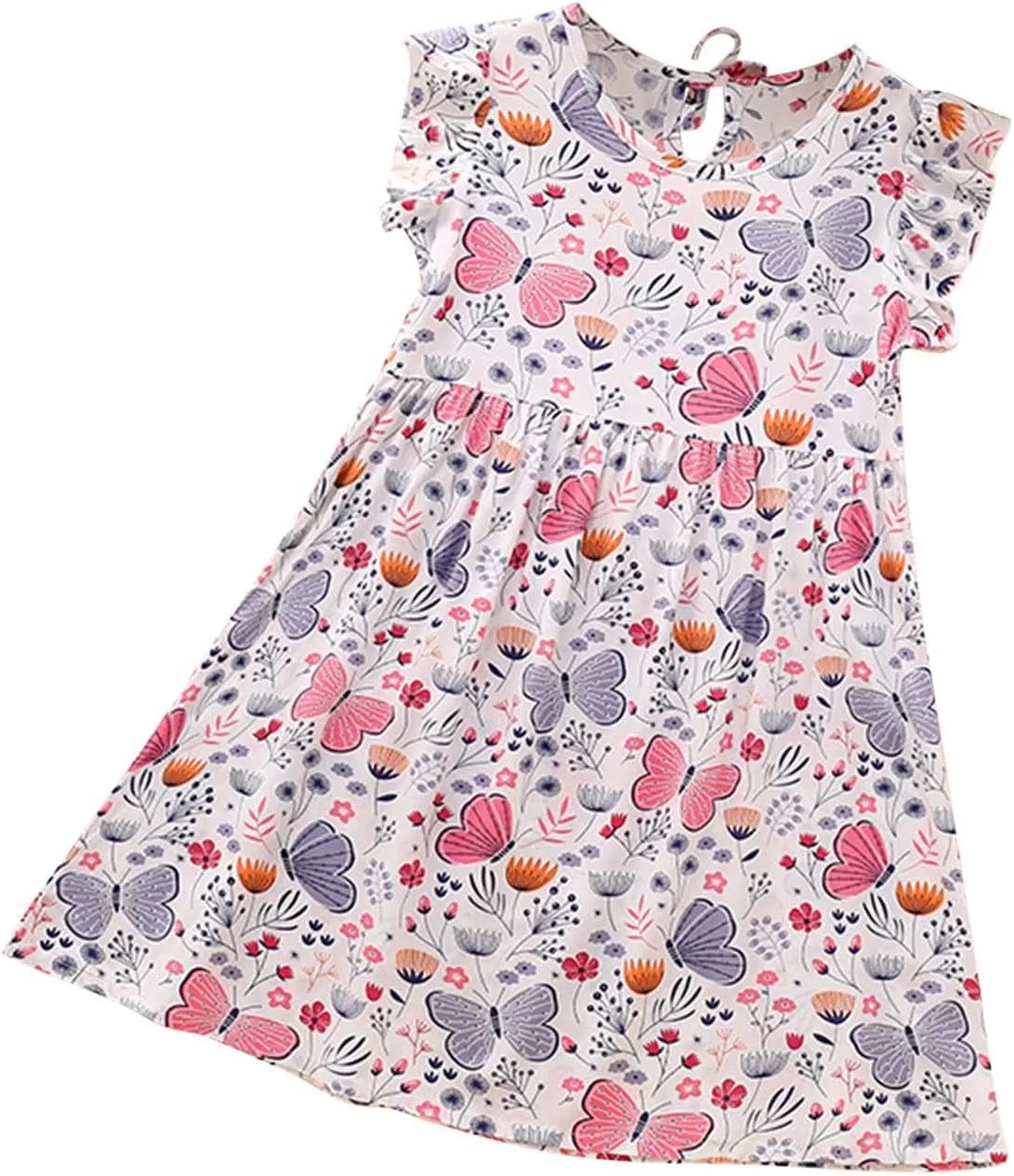 Girls Casual Dress Summer Floral Printed Ruffle Sleeve A Line Party Dress Round Neck Boho Dresses Size 3-14 Years
