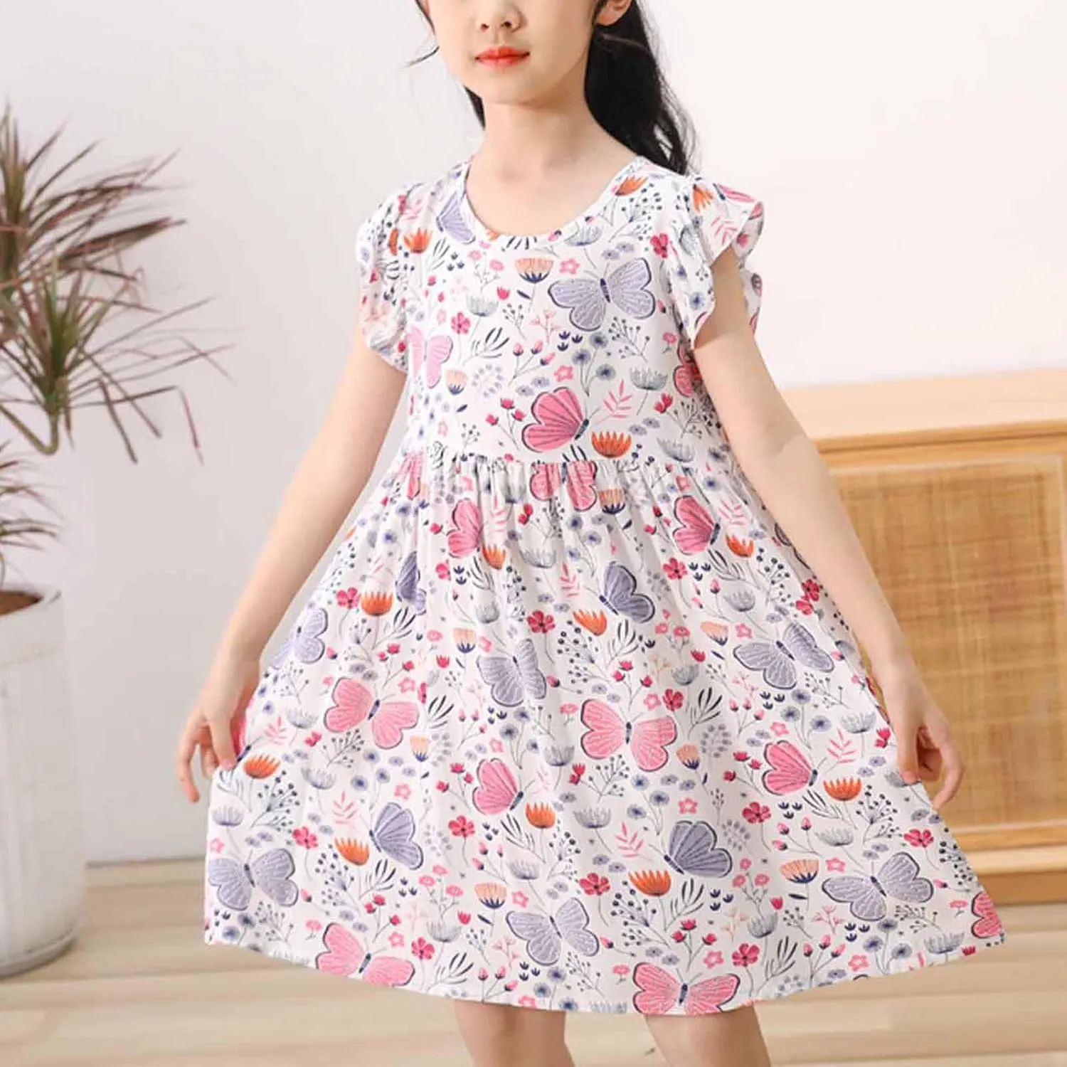 Girls Casual Dress Summer Floral Printed Ruffle Sleeve A Line Party Dress Round Neck Boho Dresses Size 3-14 Years