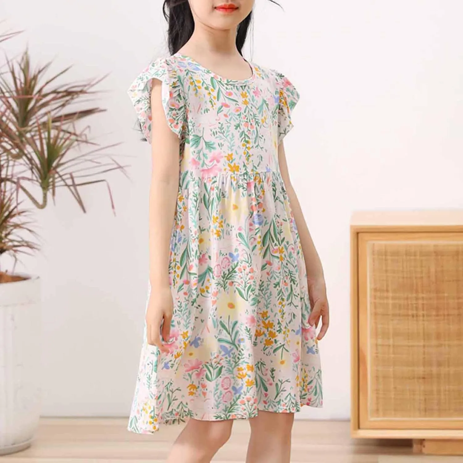 Girls Casual Dress Summer Floral Printed Ruffle Sleeve A Line Party Dress Round Neck Boho Dresses Size 3-14 Years