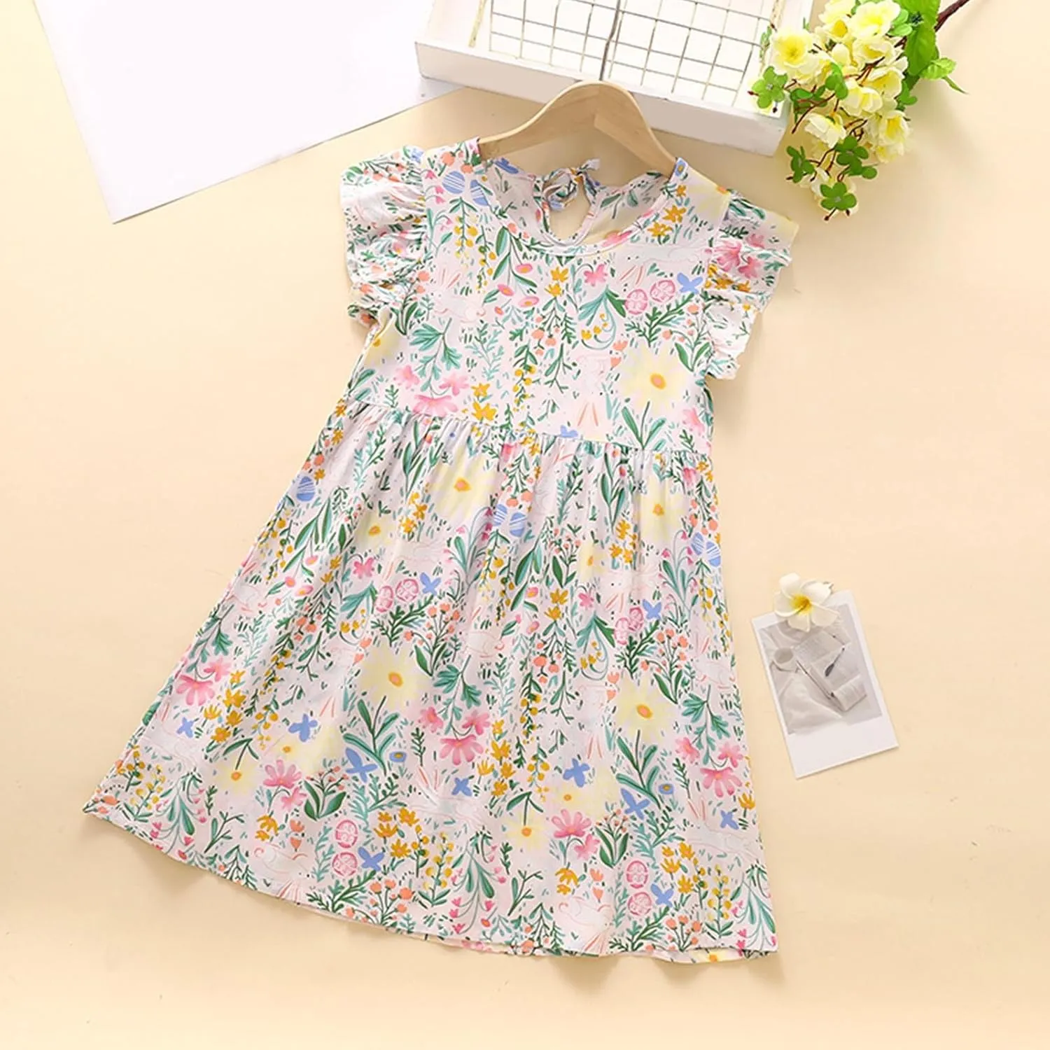 Girls Casual Dress Summer Floral Printed Ruffle Sleeve A Line Party Dress Round Neck Boho Dresses Size 3-14 Years