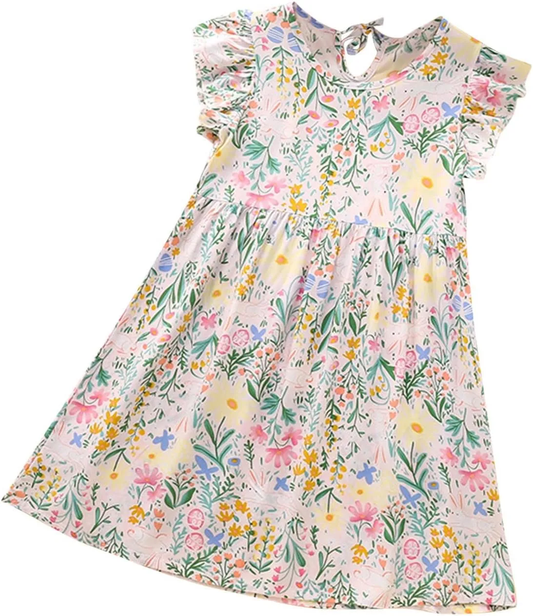 Girls Casual Dress Summer Floral Printed Ruffle Sleeve A Line Party Dress Round Neck Boho Dresses Size 3-14 Years