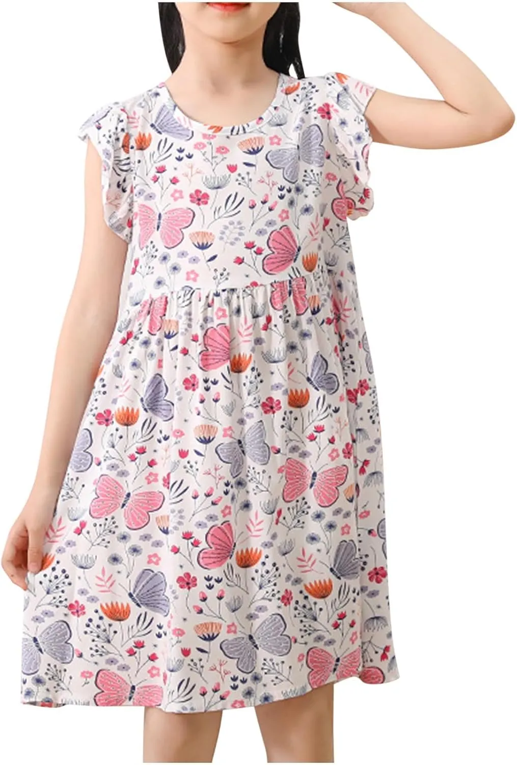 Girls Casual Dress Summer Floral Printed Ruffle Sleeve A Line Party Dress Round Neck Boho Dresses Size 3-14 Years