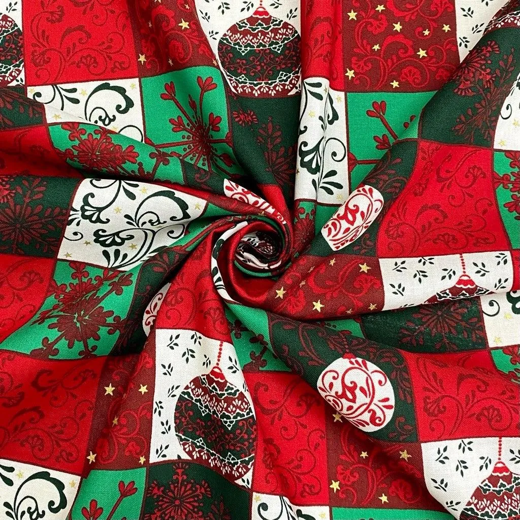 Green, Red & White Squares Cotton Fabric
