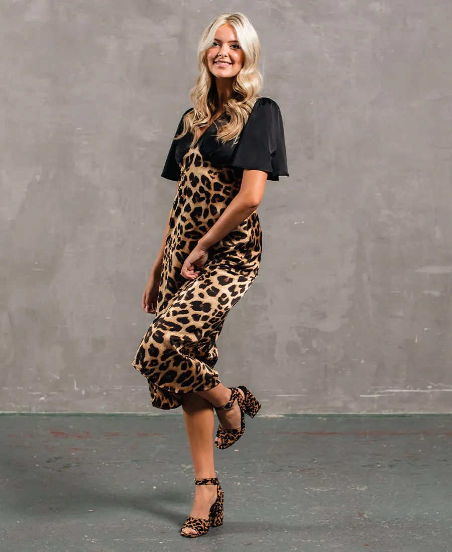 Leopard Printed Satin Midi Dress