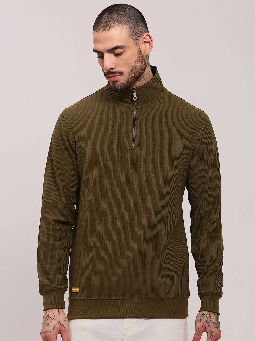 Men Olive High Neck Pullover