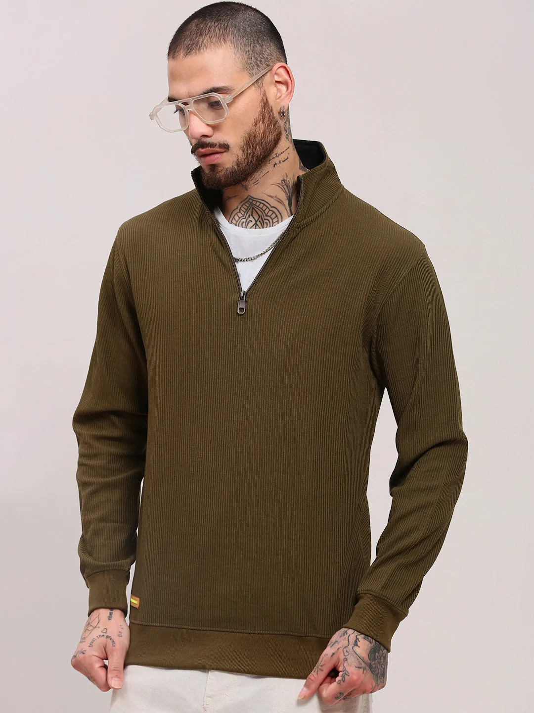 Men Olive High Neck Pullover