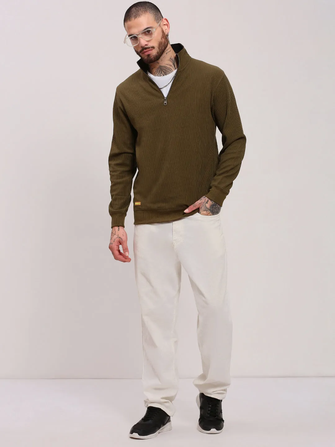 Men Olive High Neck Pullover