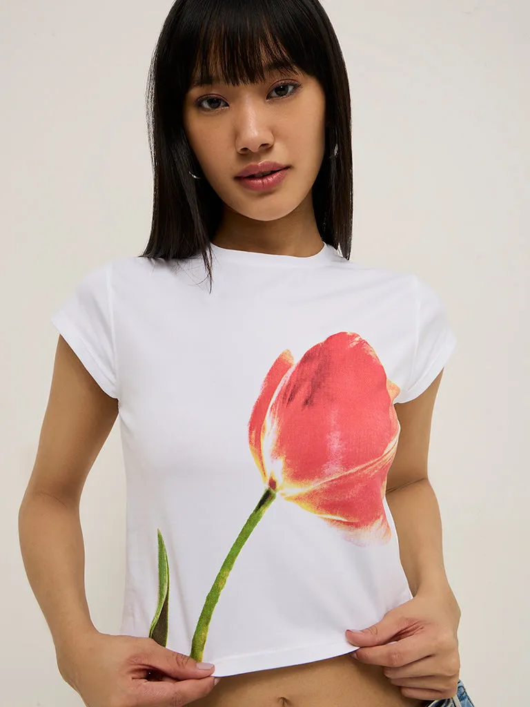 Nuon White Floral Patterned Cotton-Blend T-Shirt