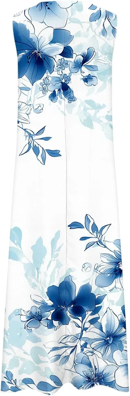 Sinzelimin Womens Maxi Dresses Summer Fashion Printed Sleeveless V-Neck Tank Dress Bohemian Style Beach Casual Sundress