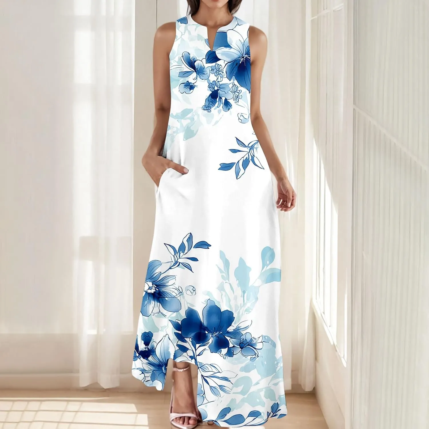 Sinzelimin Womens Maxi Dresses Summer Fashion Printed Sleeveless V-Neck Tank Dress Bohemian Style Beach Casual Sundress