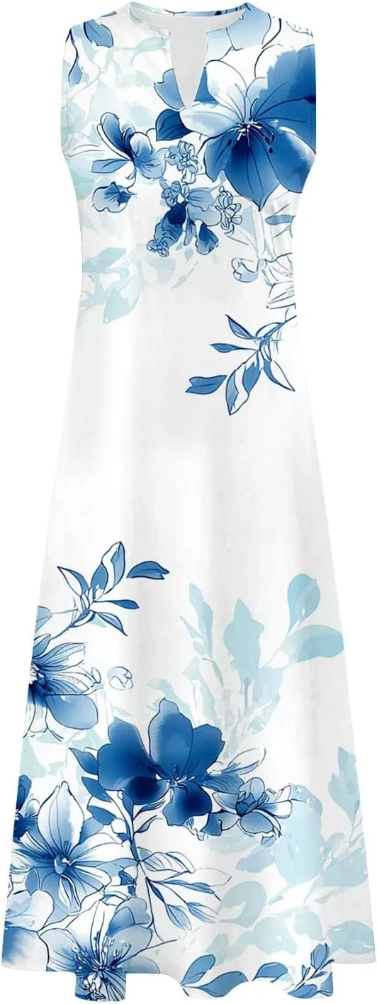Sinzelimin Womens Maxi Dresses Summer Fashion Printed Sleeveless V-Neck Tank Dress Bohemian Style Beach Casual Sundress