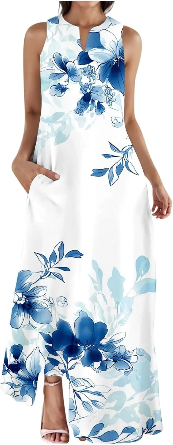 Sinzelimin Womens Maxi Dresses Summer Fashion Printed Sleeveless V-Neck Tank Dress Bohemian Style Beach Casual Sundress