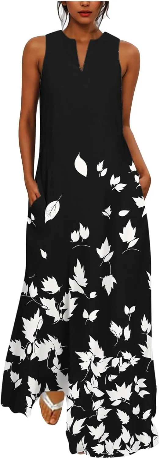 Swing Maxi Dress for Women Floral Printed Casual Summer V Neck Sleeveless Loose A-Line Beach Sundress with Pockets
