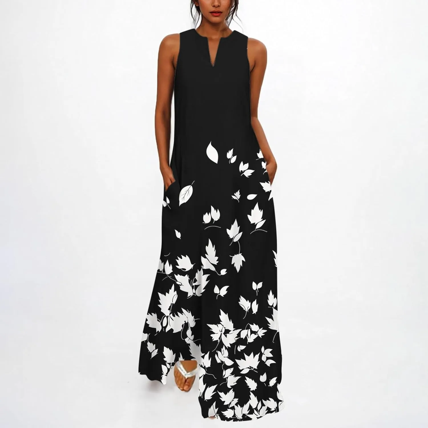 Swing Maxi Dress for Women Floral Printed Casual Summer V Neck Sleeveless Loose A-Line Beach Sundress with Pockets