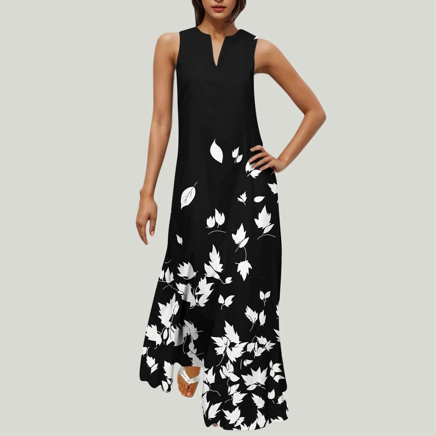 Swing Maxi Dress for Women Floral Printed Casual Summer V Neck Sleeveless Loose A-Line Beach Sundress with Pockets