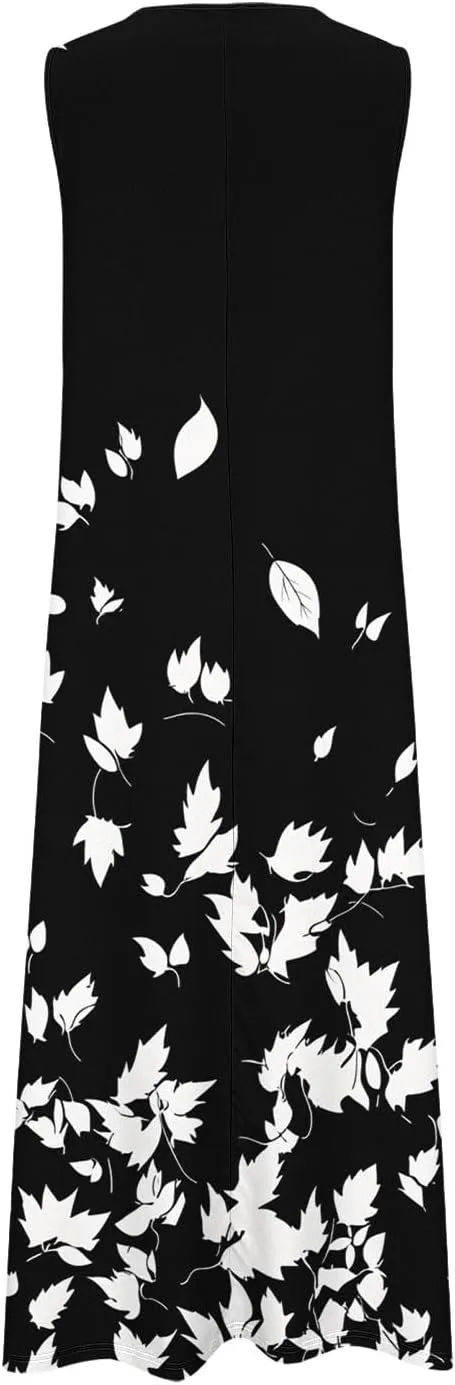Swing Maxi Dress for Women Floral Printed Casual Summer V Neck Sleeveless Loose A-Line Beach Sundress with Pockets