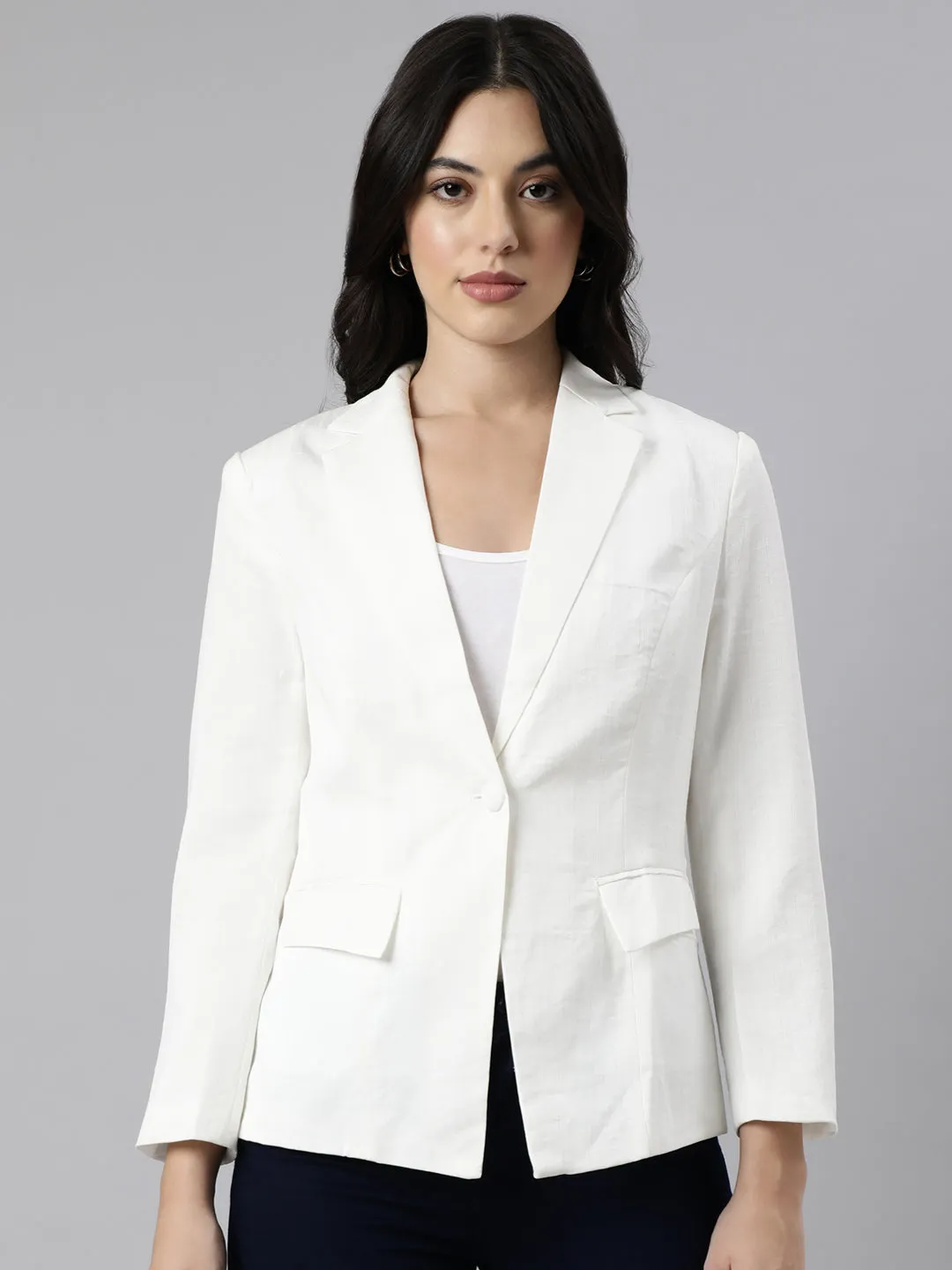 Women Cream Single-Breasted Blazer