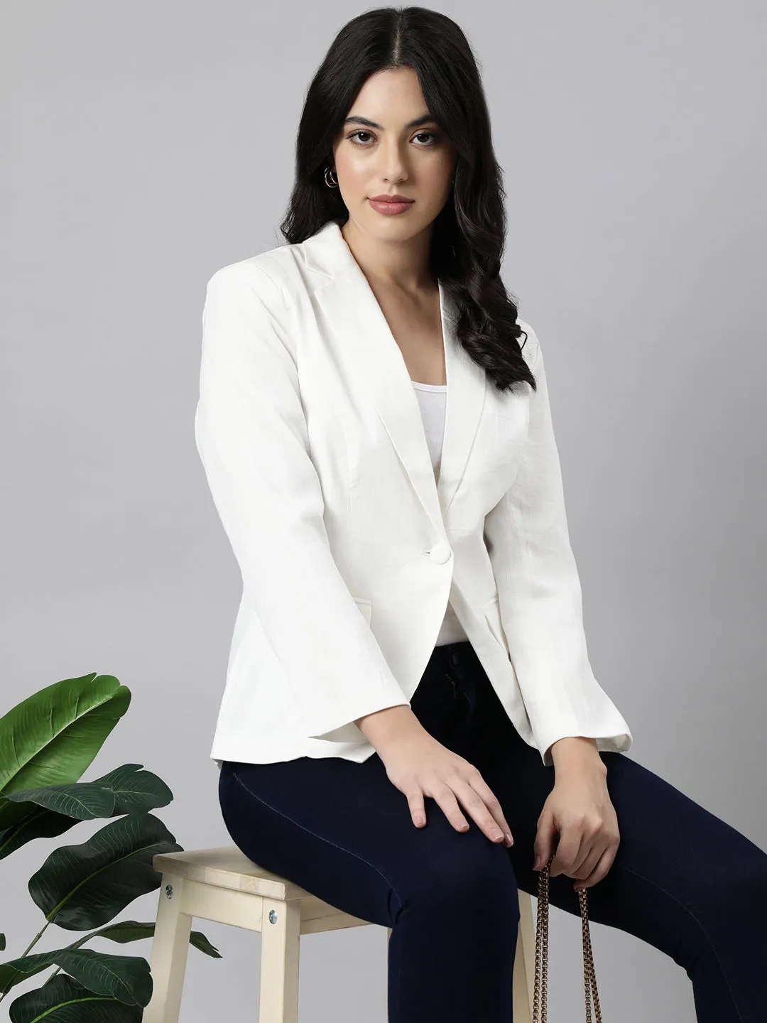 Women Cream Single-Breasted Blazer