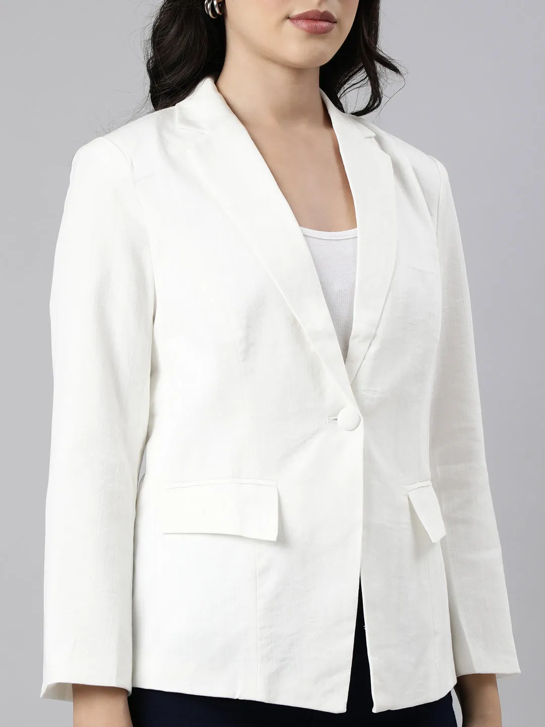 Women Cream Single-Breasted Blazer