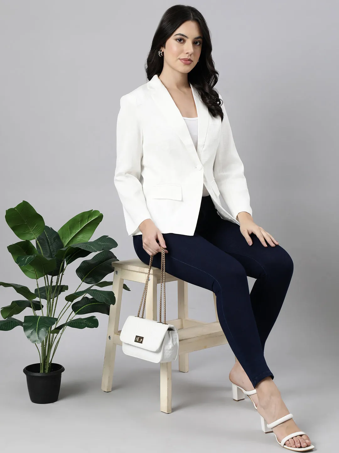 Women Cream Single-Breasted Blazer