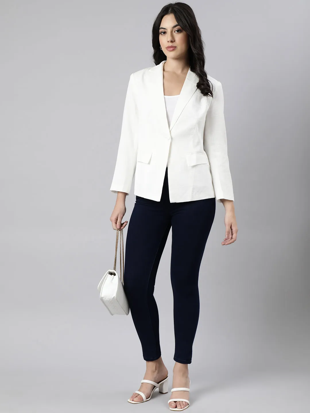 Women Cream Single-Breasted Blazer