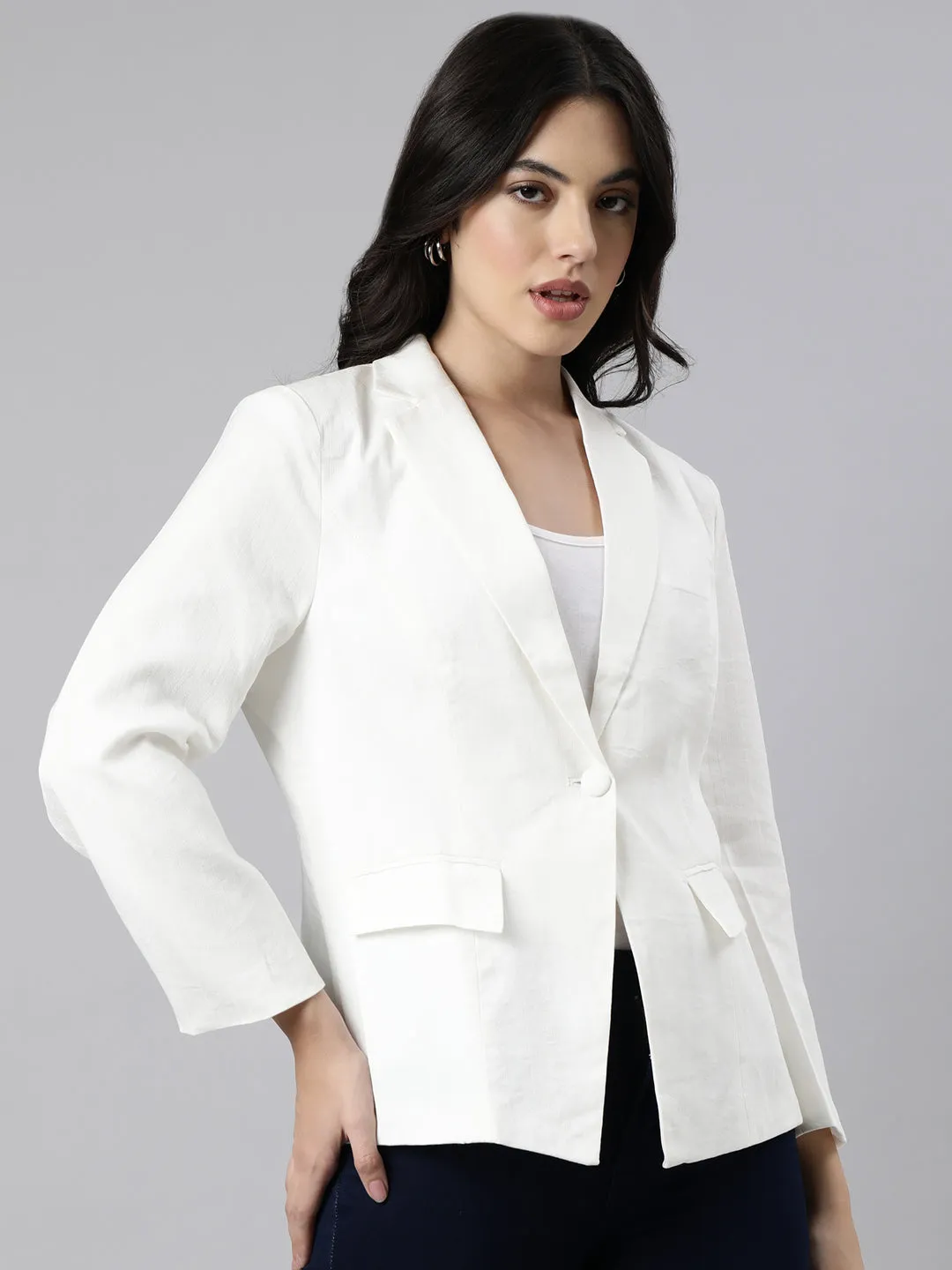 Women Cream Single-Breasted Blazer