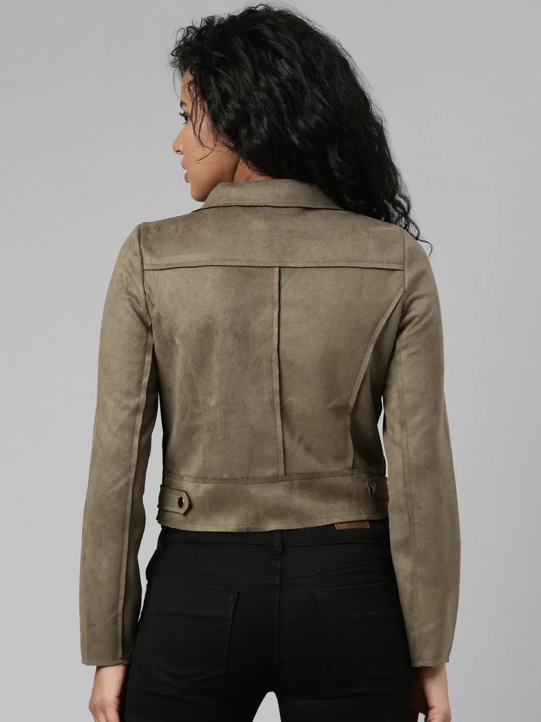 Women Olive Spread Collar Long Sleeve Suede Tailored Jacket