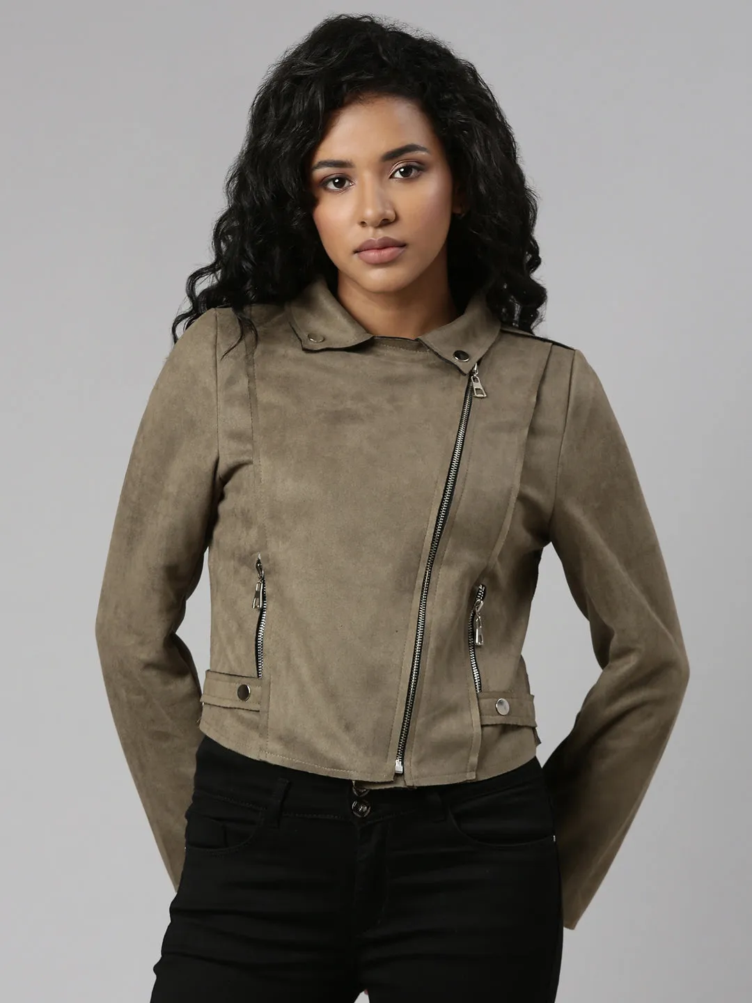 Women Olive Spread Collar Long Sleeve Suede Tailored Jacket