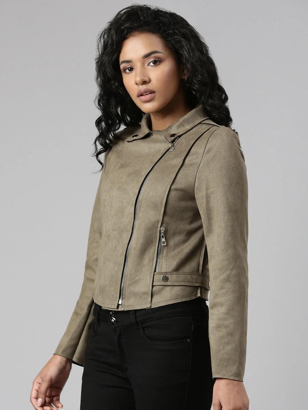 Women Olive Spread Collar Long Sleeve Suede Tailored Jacket