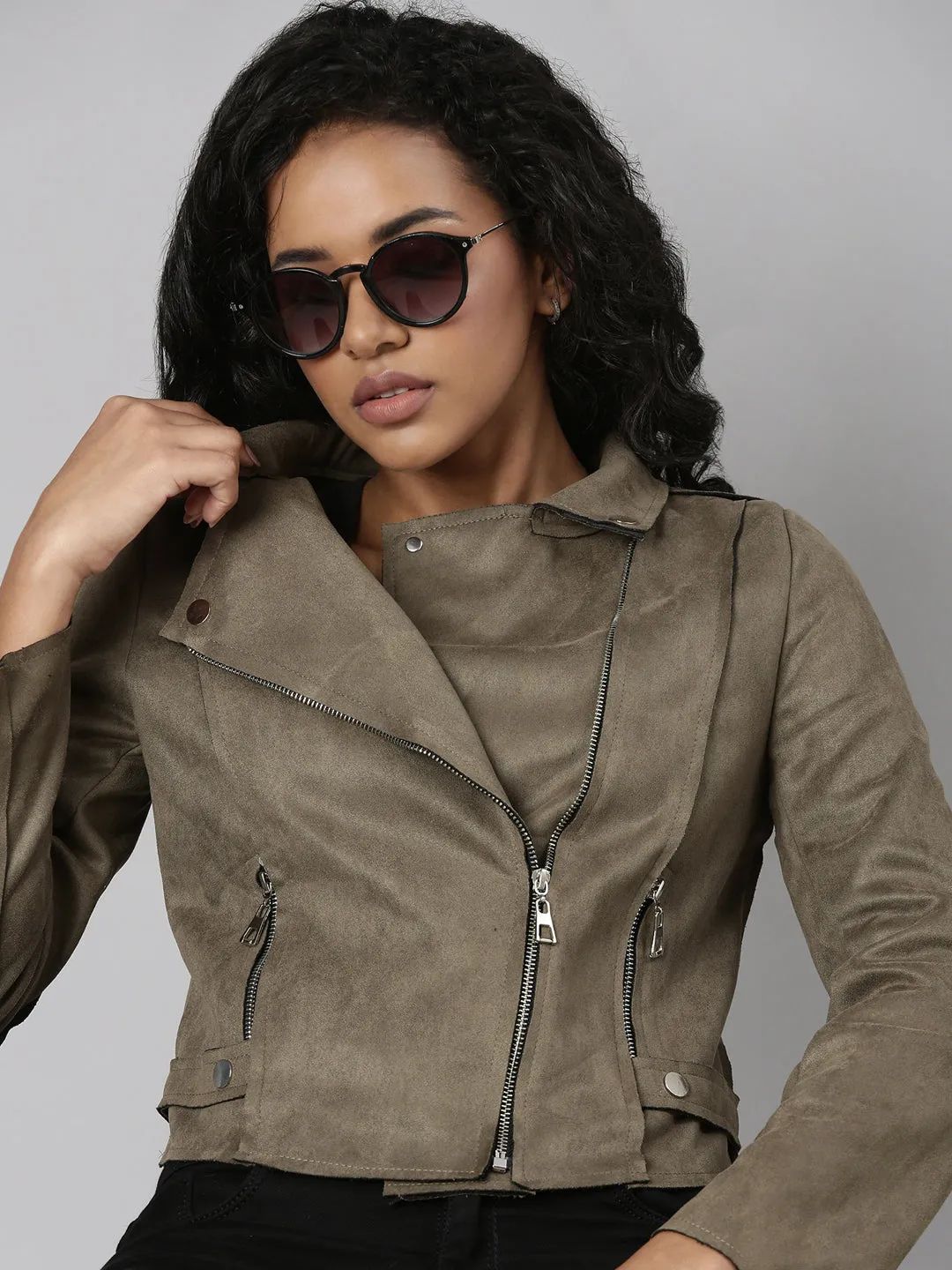 Women Olive Spread Collar Long Sleeve Suede Tailored Jacket