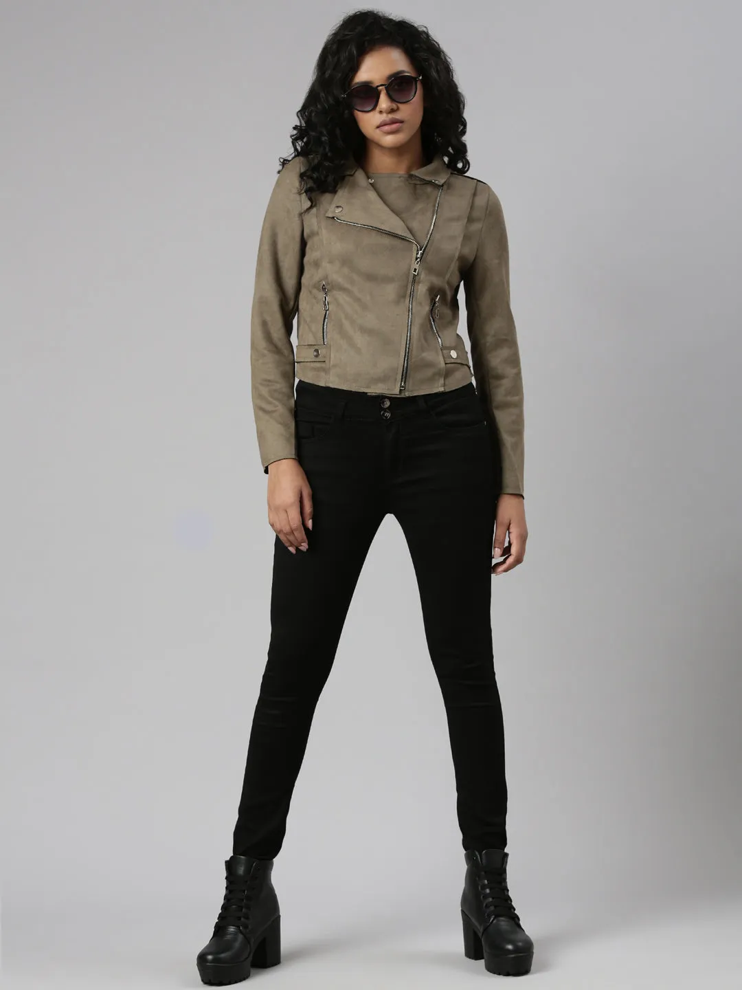 Women Olive Spread Collar Long Sleeve Suede Tailored Jacket
