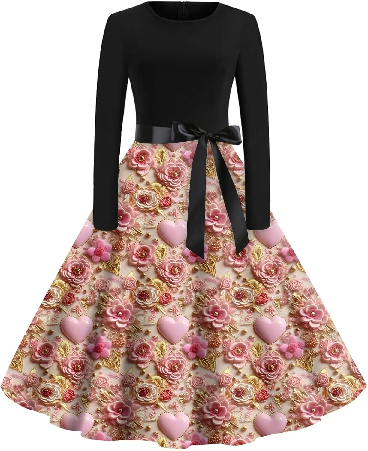 Women's Fashion Round Neck Casual Slim Valentine's Day Printed Long Sleeve Dresses Fashion