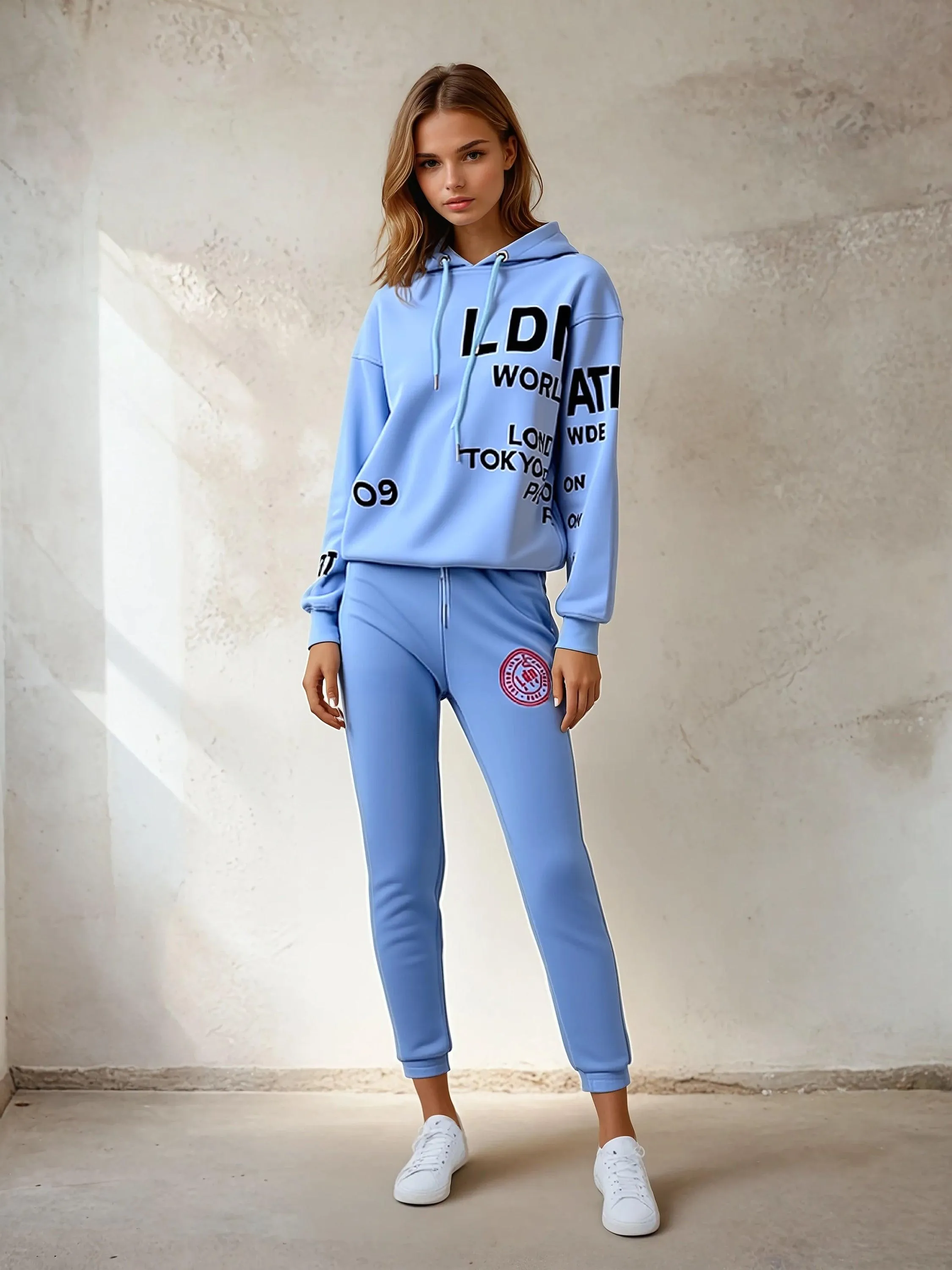Women's Relaxed Fit Printed Hoodie Sky Blue