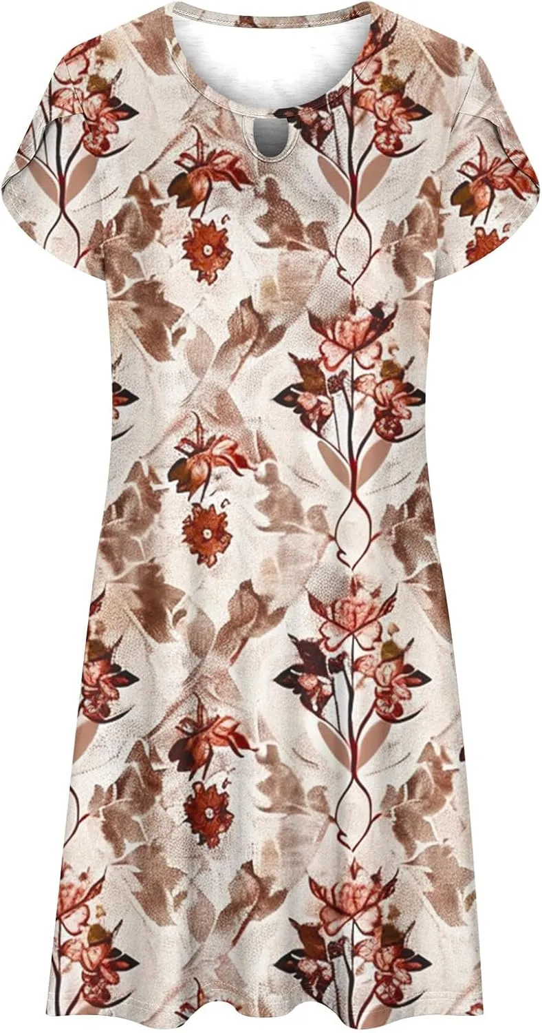 Women's Summer Boho Printed Dress Casual Loose Short Sleeved Dress Hawaiian Beach Maxi Dress Sundresses