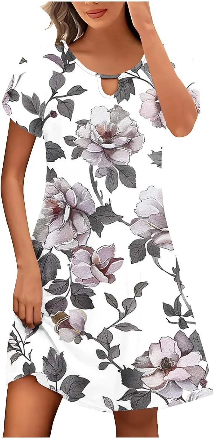 Women's Summer Boho Printed Dress Casual Loose Short Sleeved Dress Hawaiian Beach Maxi Dress Sundresses