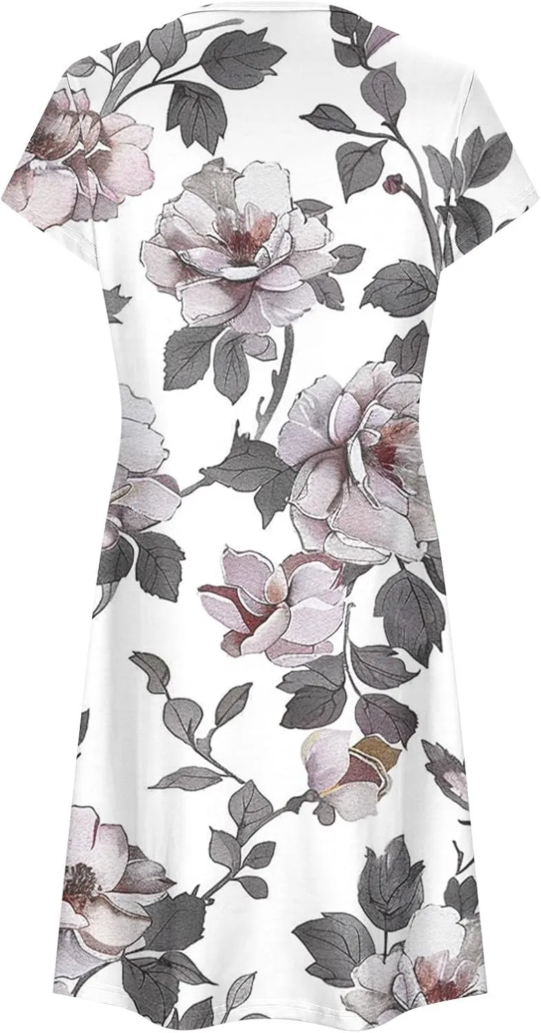 Women's Summer Boho Printed Dress Casual Loose Short Sleeved Dress Hawaiian Beach Maxi Dress Sundresses
