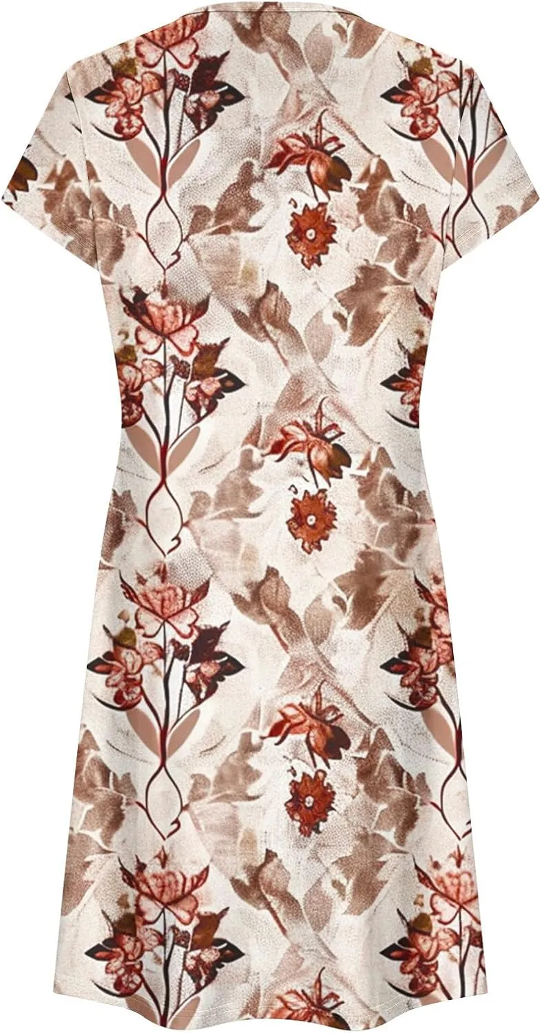 Women's Summer Boho Printed Dress Casual Loose Short Sleeved Dress Hawaiian Beach Maxi Dress Sundresses