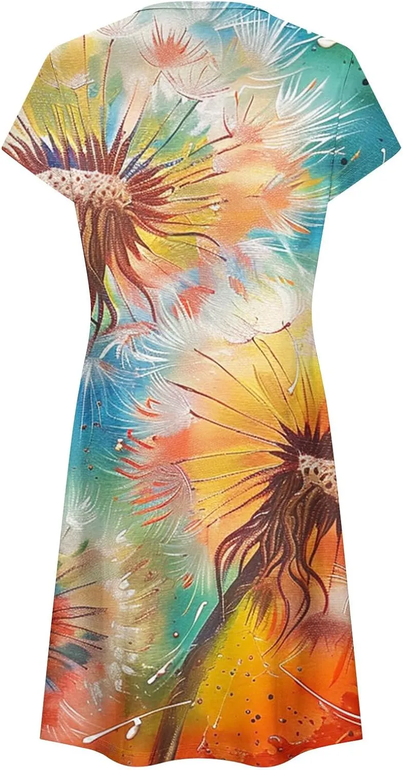 Women's Summer Boho Printed Dress Casual Loose Short Sleeved Dress Hawaiian Beach Maxi Dress Sundresses