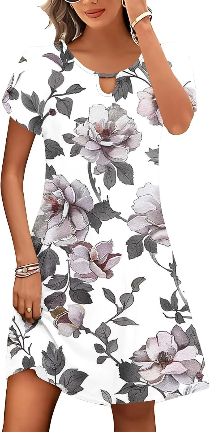 Women's Summer Boho Printed Dress Casual Loose Short Sleeved Dress Hawaiian Beach Maxi Dress Sundresses