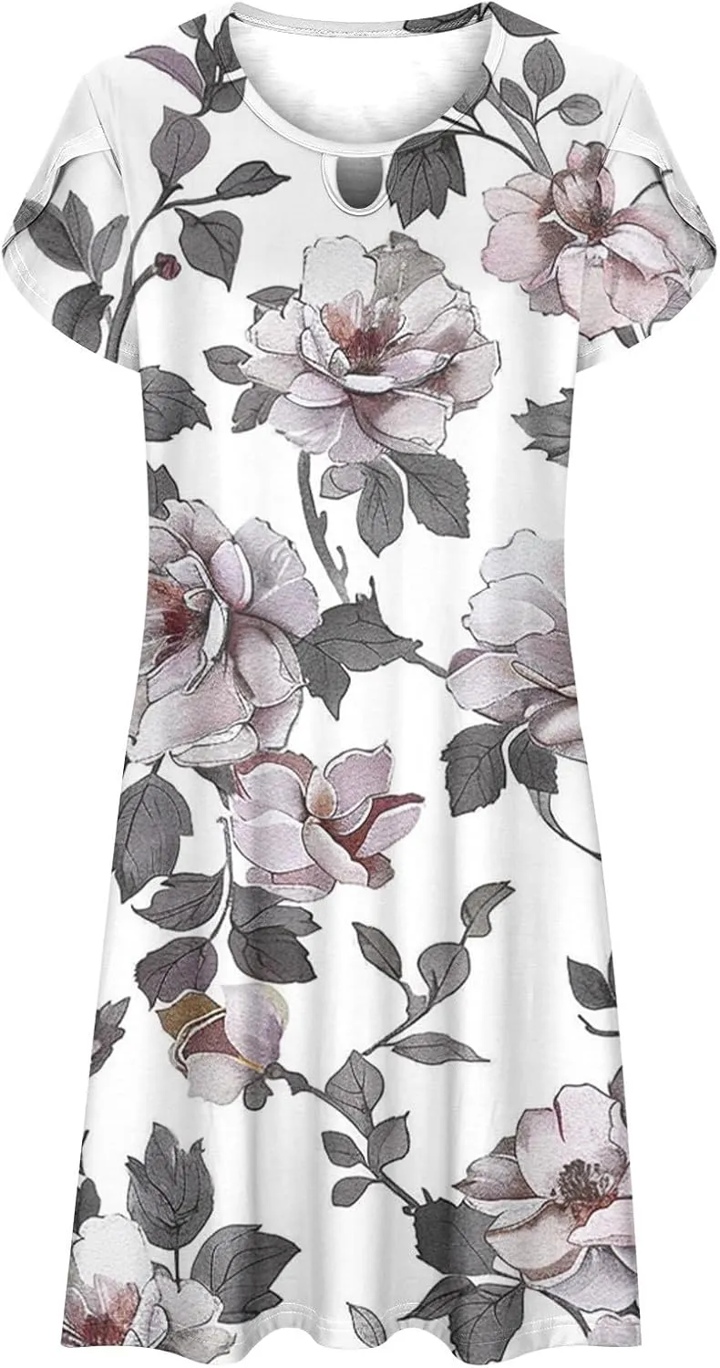 Women's Summer Boho Printed Dress Casual Loose Short Sleeved Dress Hawaiian Beach Maxi Dress Sundresses