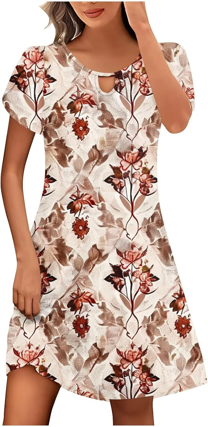 Women's Summer Boho Printed Dress Casual Loose Short Sleeved Dress Hawaiian Beach Maxi Dress Sundresses