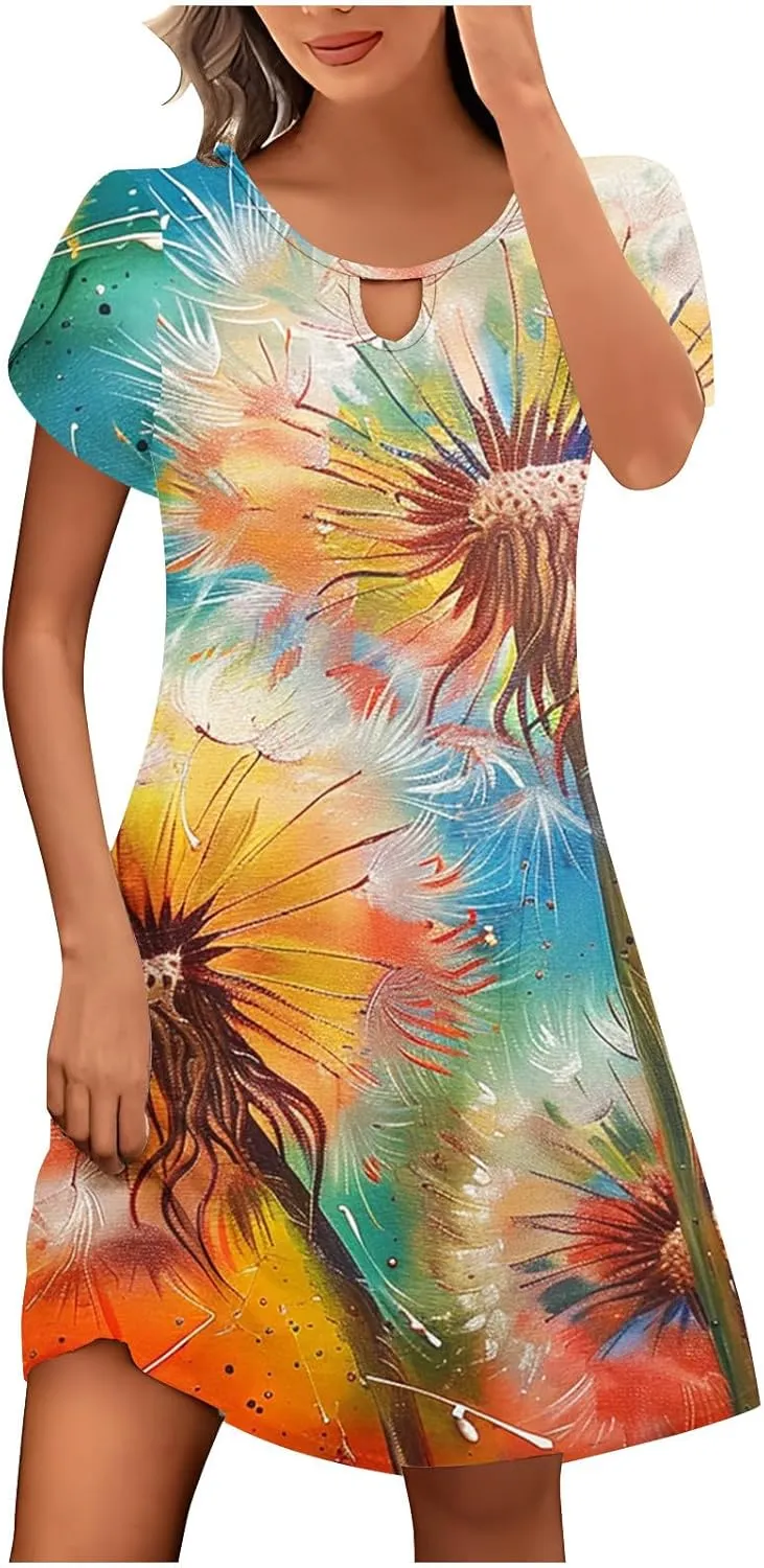 Women's Summer Boho Printed Dress Casual Loose Short Sleeved Dress Hawaiian Beach Maxi Dress Sundresses