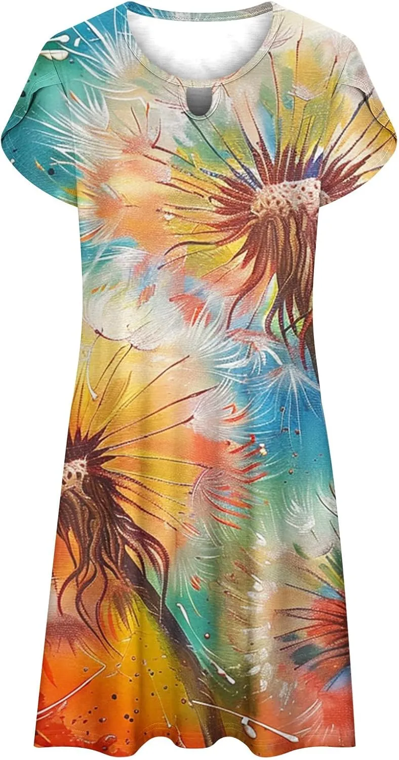 Women's Summer Boho Printed Dress Casual Loose Short Sleeved Dress Hawaiian Beach Maxi Dress Sundresses